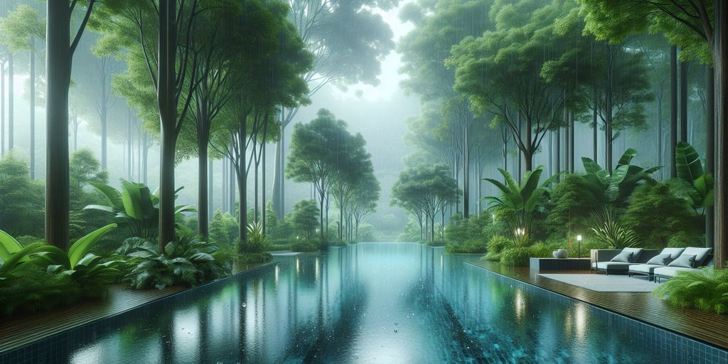 swimming pool after rain with clear water and surrounding trees