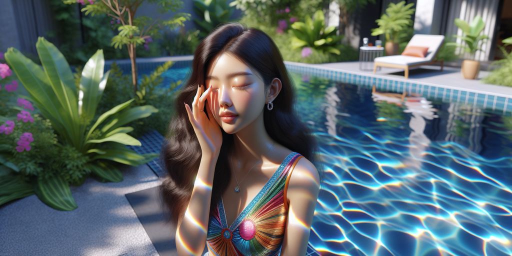 person rubbing eyes near swimming pool