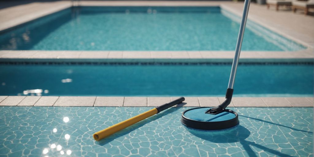 A clean pool with cleaning tools on the side.