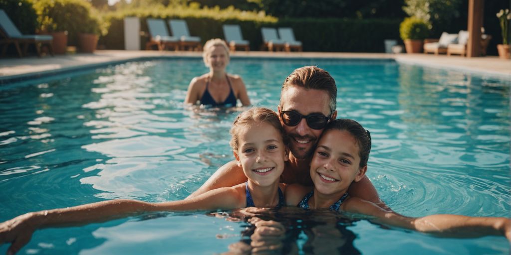 Family swimming in a well-sized backyard pool