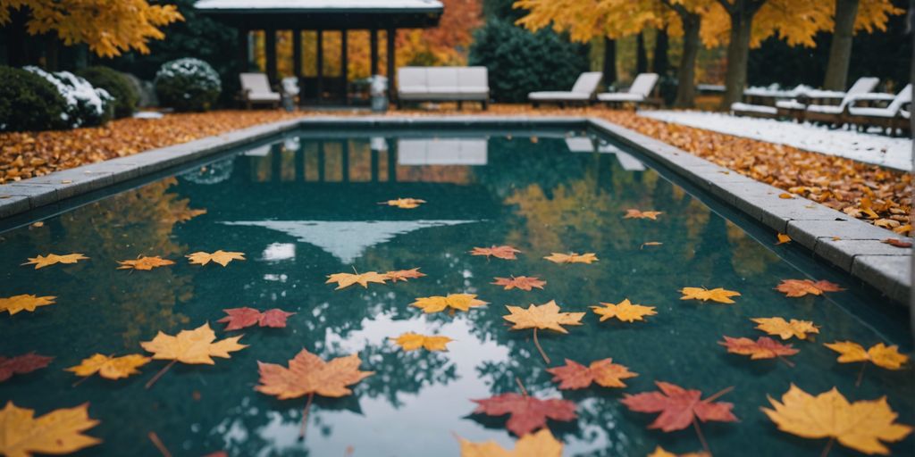 Covered pool with autumn leaves and snow around it.