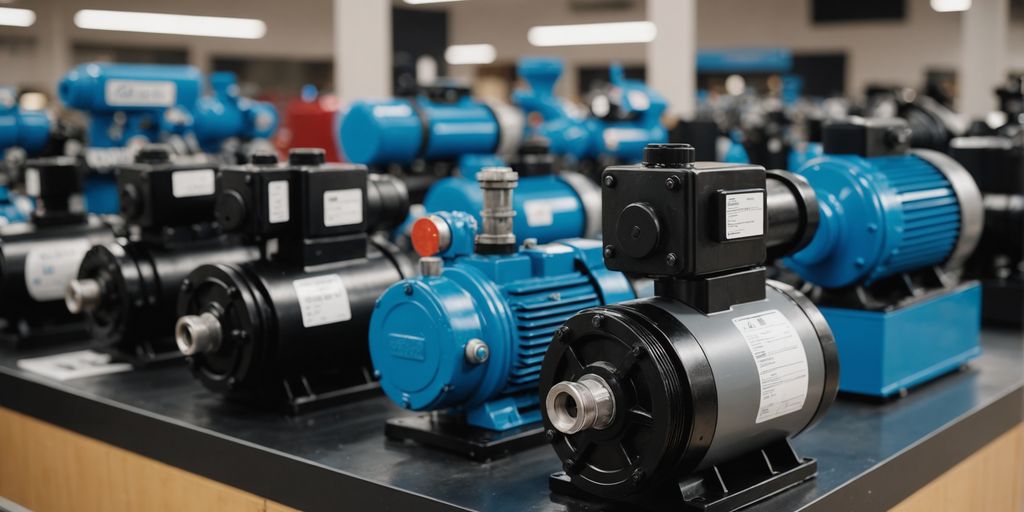 Different types of pool pumps on display in a showroom.