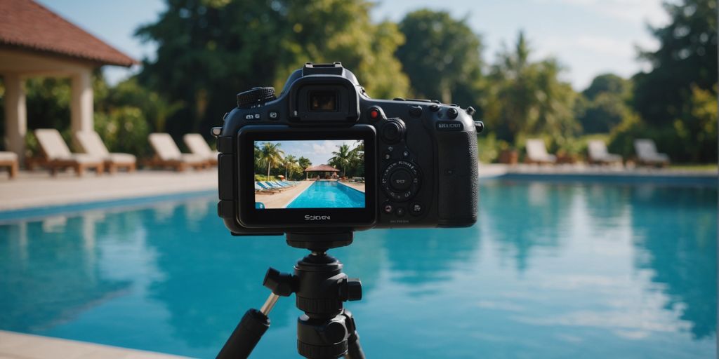 Piscina limpa com equipamentos de manutenção visíveis
