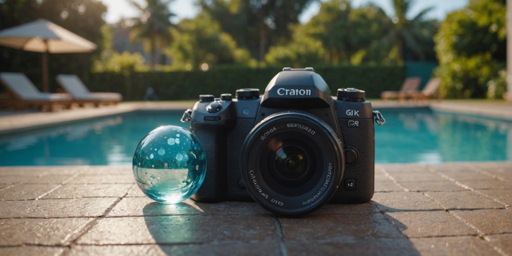 Piscina limpa com produtos de tratamento ao redor