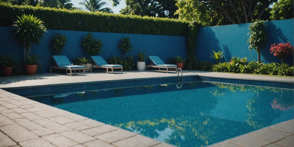 Piscina de fibra azul com borda branca e jardim ao redor