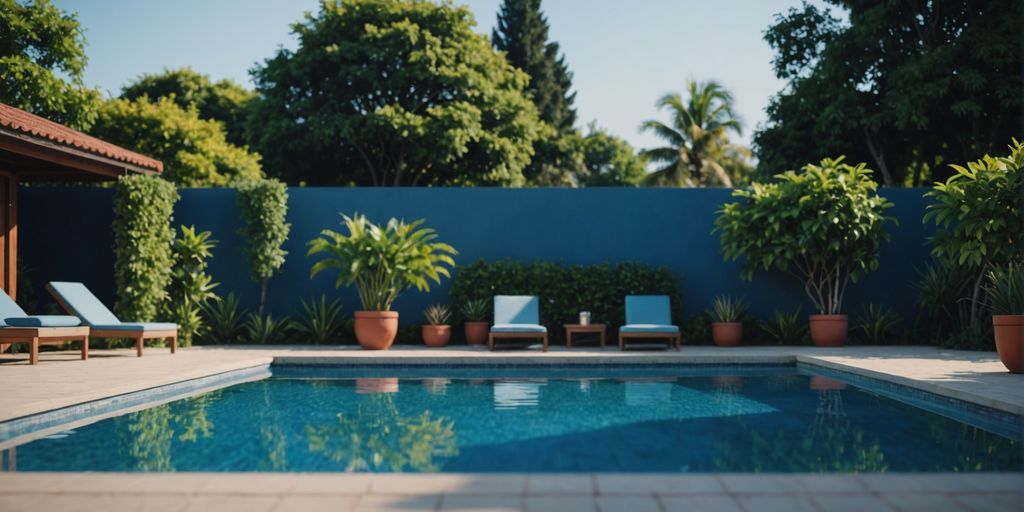 Piscina de fibra azul com borda branca e jardim ao redor.