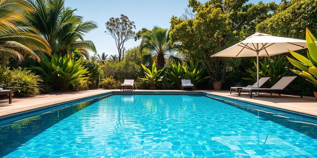 Piscina limpa em um quintal ensolarado