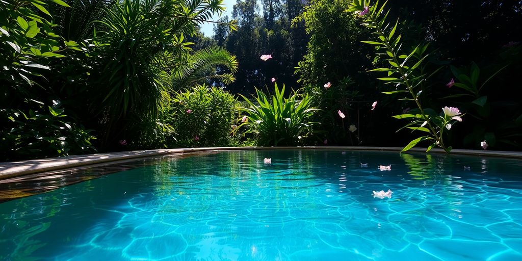 Piscina limpa com flores e vegetação exuberante