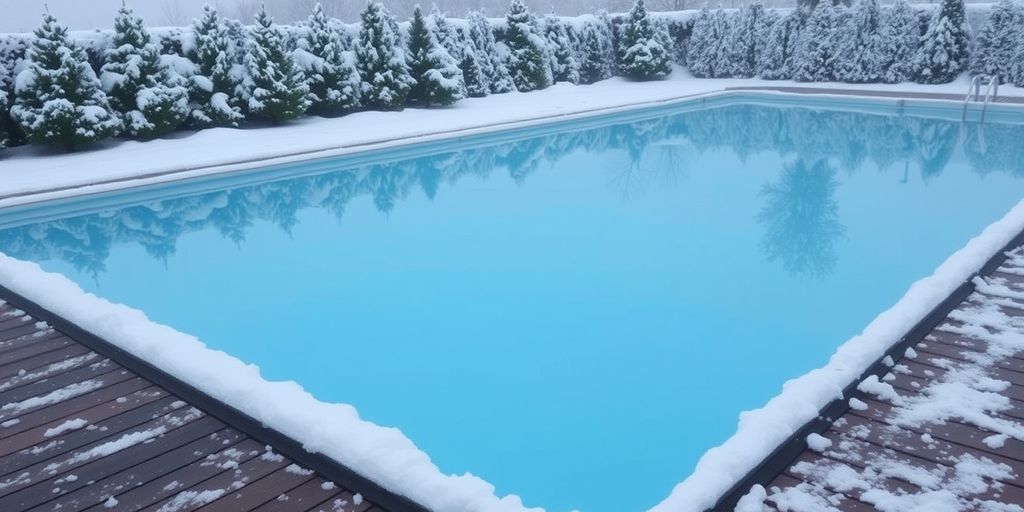 Piscina limpa no inverno com neve ao redor.