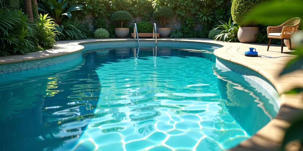 Piscina limpa com ferramentas de limpeza ao redor.