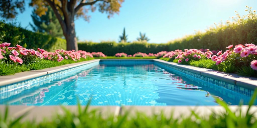 Piscina limpa cercada por flores de primavera