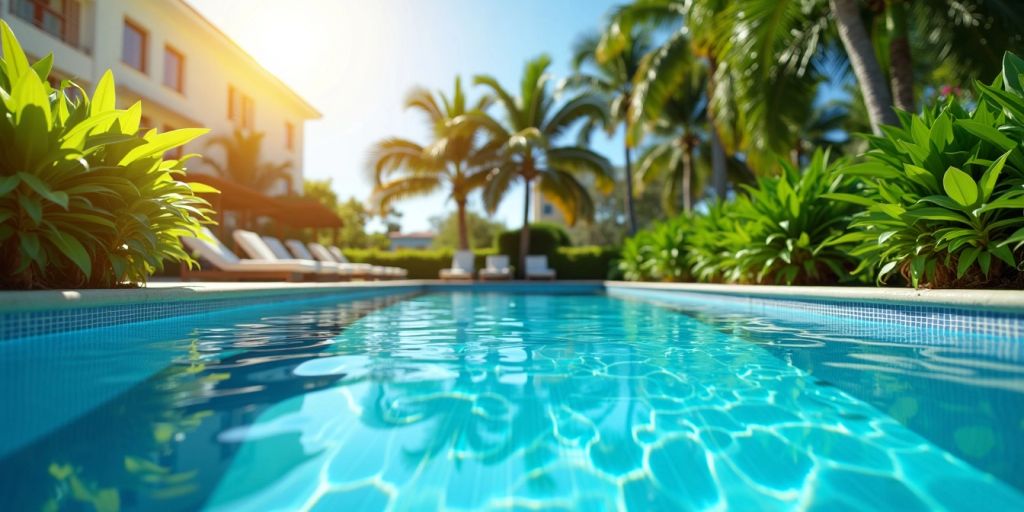 Piscina limpa com água azul e plantas ao redor.