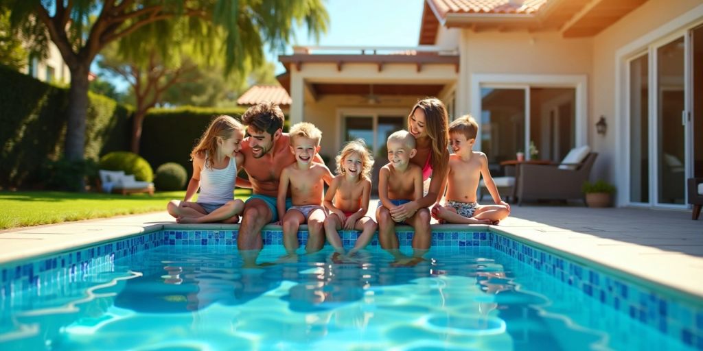 Família aproveitando piscina grande e azul no quintal.