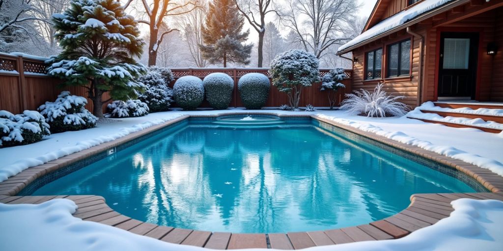 Piscina limpa no inverno com neve ao redor.