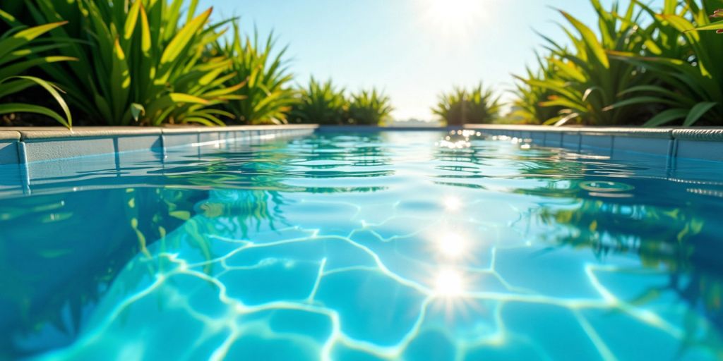 Piscina limpa com água azul e plantas ao redor.